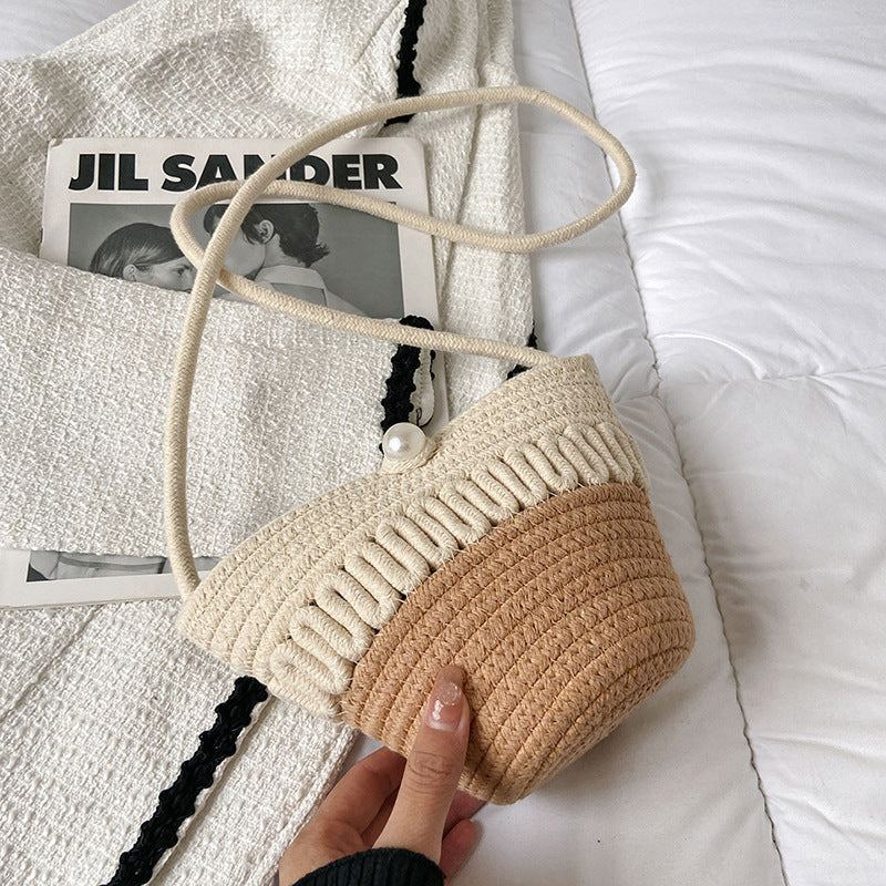 Crossbody Straw Bag Cotton Thread Woven Bag Mobile Phone Change Key Case Hollow Out Cutout Cotton Thread Woven Bag Casual Cute Women