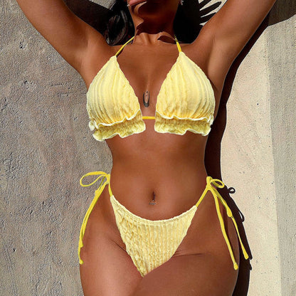 Solid Color Ruffles Low Collar Bikini Lace up Split Swimsuit