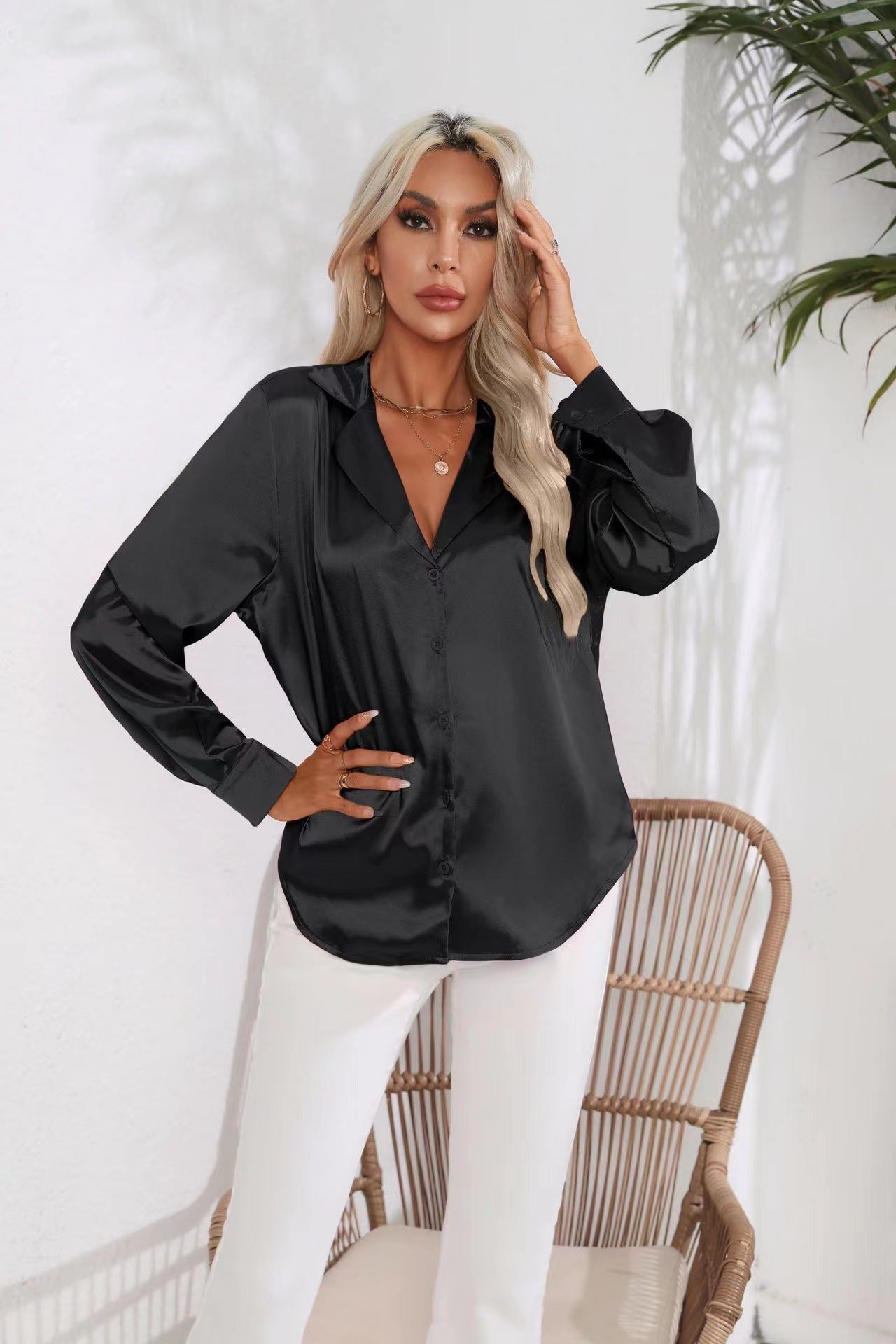 Popular Real Collar Satin Shirt Women Satin Artificial Silk Long Sleeve Shirt Women Clothing
