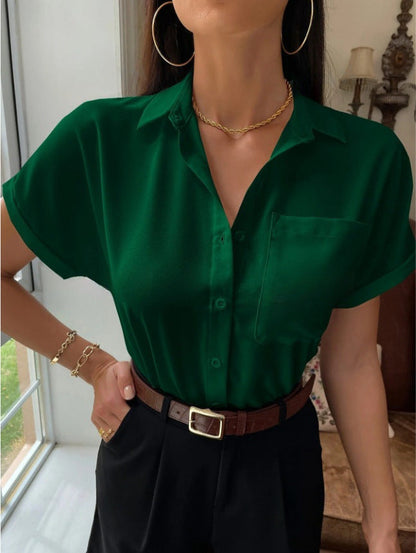 Satin V neck Shirt Women Women Solid Color Satin Short Sleeve Casual Button Satin Shirt