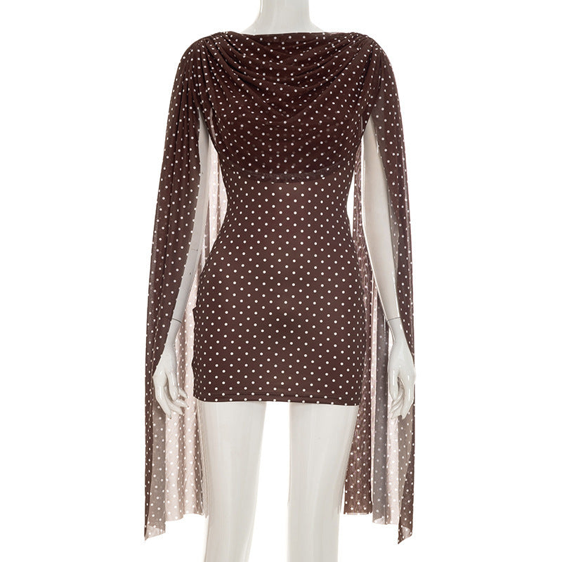 Women Clothing Summer Casual Polka Dot Printed Sleeveless Swing Collar Flouncy Slim Fit Short Dress