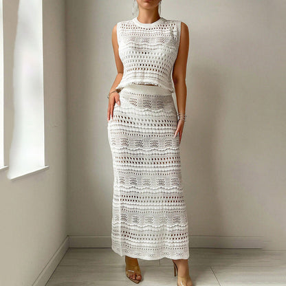 Maxi Dress Women Solid Color Knitted Beach Dress Bikini Swimsuit Blouse Sun Proof Set
