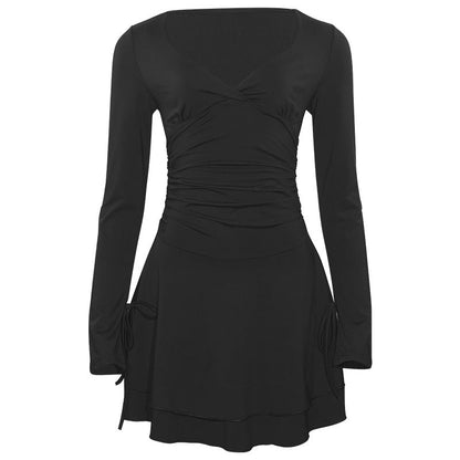 Autumn Solid Color V neck Long Sleeved Slim Fit Short Sexy Dress