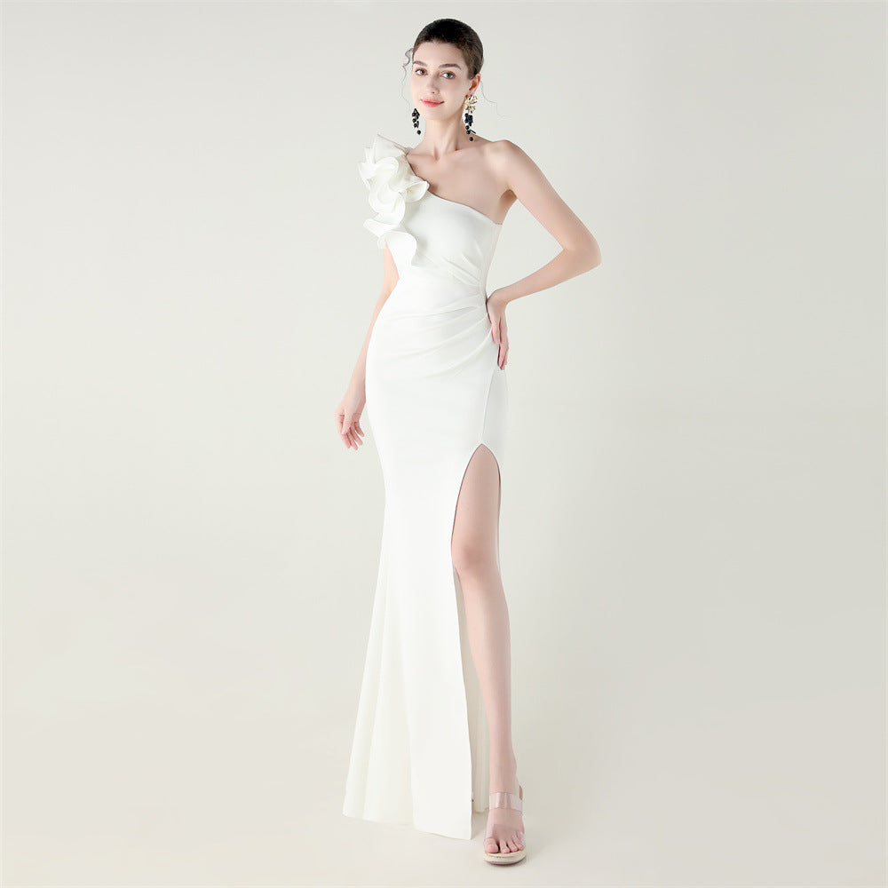 One Shoulder Craft Wave Floral Satin High Slit Sexy Evening Dress Dinner Party Wedding Social