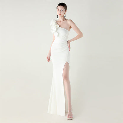One Shoulder Craft Wave Floral Satin High Slit Sexy Evening Dress Dinner Party Wedding Social