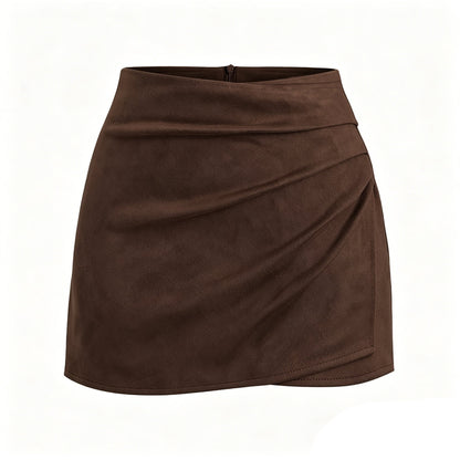 Autumn Winter Women Clothing Heap Pleated Suede Pantskirt High Waist Zipper Casual Short Pantskirt Women