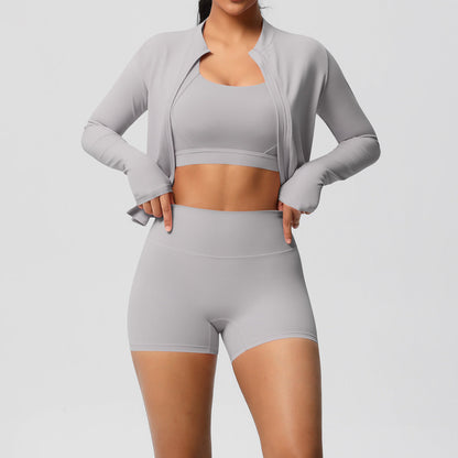 Solid Color Cloud Sense Yoga Bra Sports Coat Pilates Running Shorts Fitness Yoga Wear Three Piece Set for Women