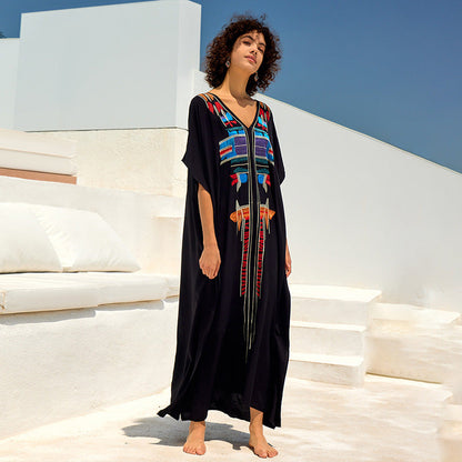 Rayon Embroidered Loose Maxi Dress Beach Jacket Vacation Maxi Dress Beach Cover Up