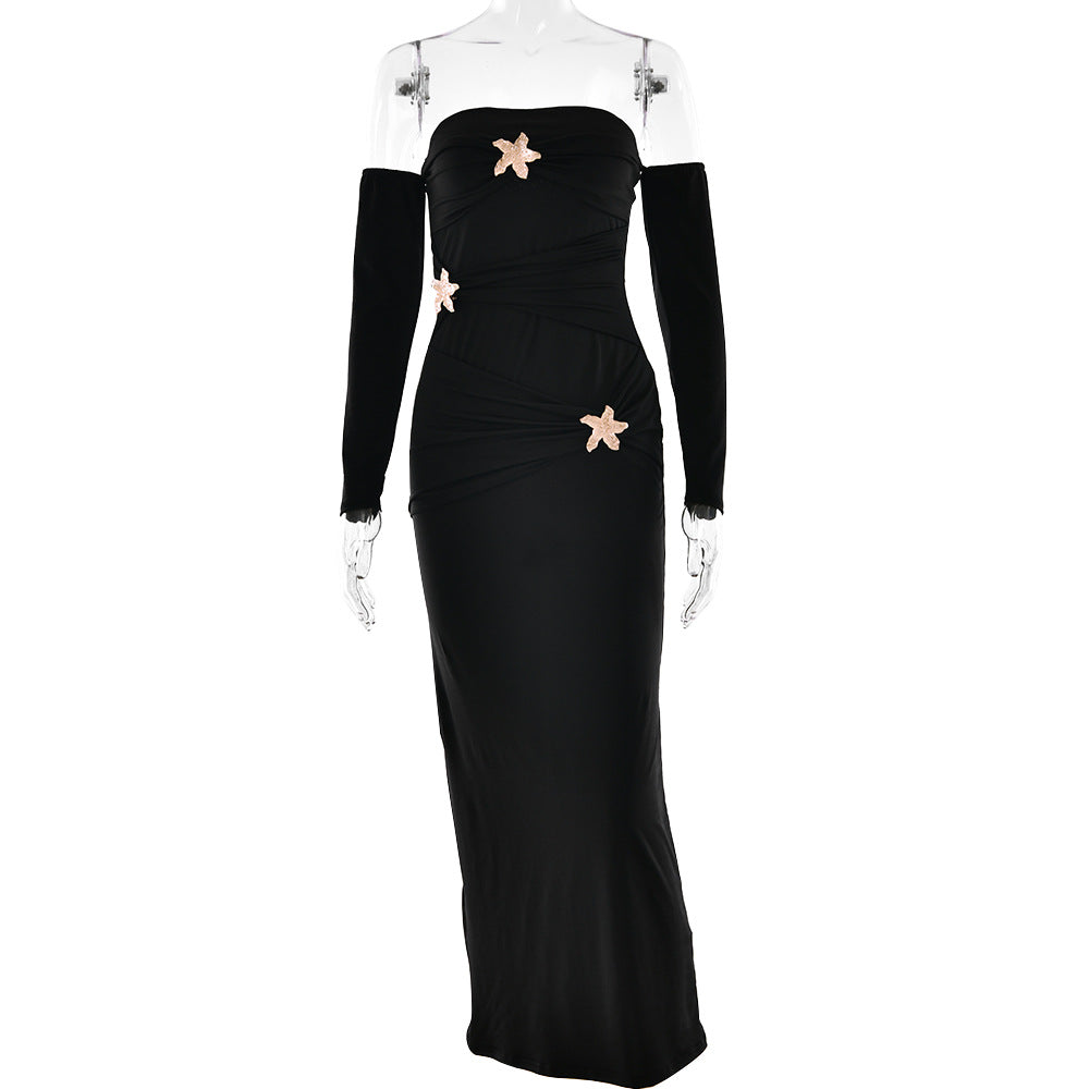 Pleated Long Sleeved Women Dress Fashionable Sexy Sheath Slim Fit Dress