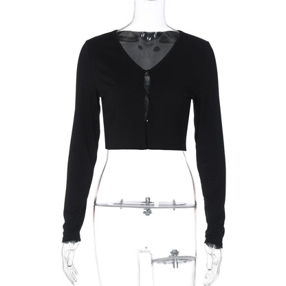 Women Clothing Summer Sexy Cardigan Button Cropped Long Sleeve T shirt Top