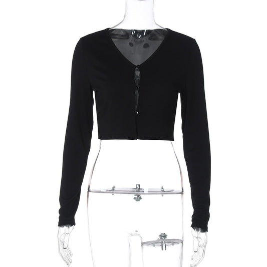 Women Clothing Summer Sexy Cardigan Button Cropped Long Sleeve T shirt Top