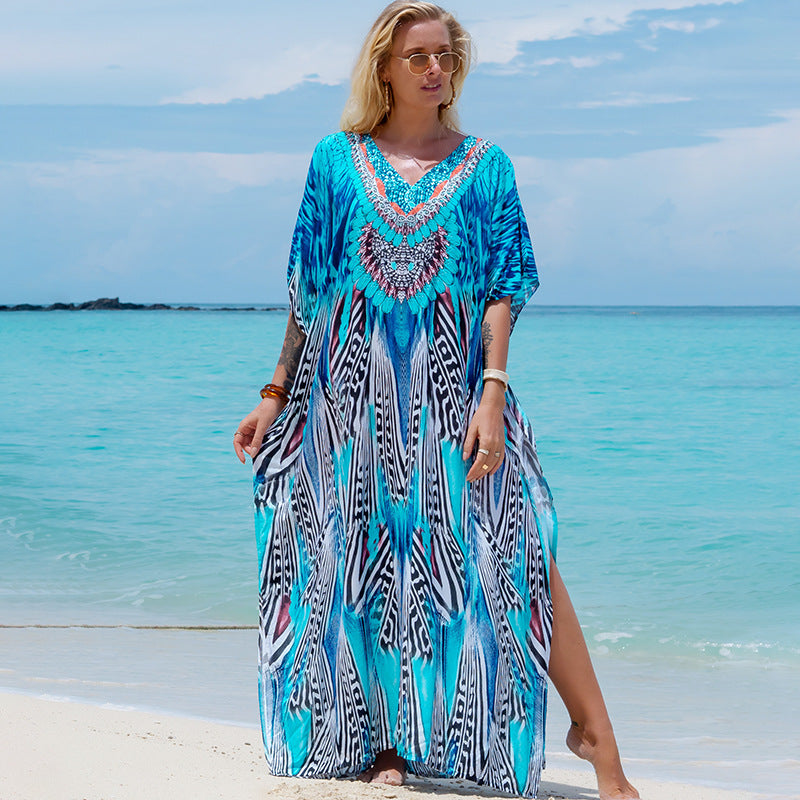 Printed Robe Seaside Holiday Sun Protection Shirt Beach Dress Bikini Swimsuit Blouse Outer Wear