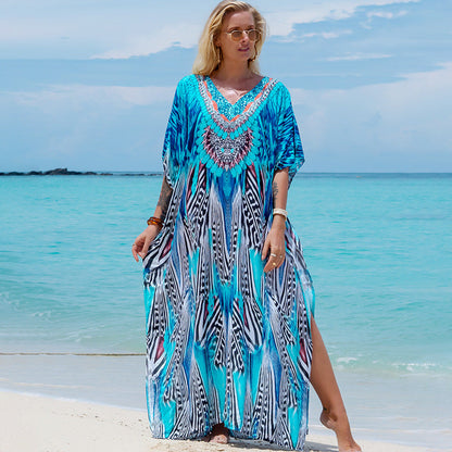 Printed Robe Seaside Holiday Sun Protection Shirt Beach Dress Bikini Swimsuit Blouse Outer Wear