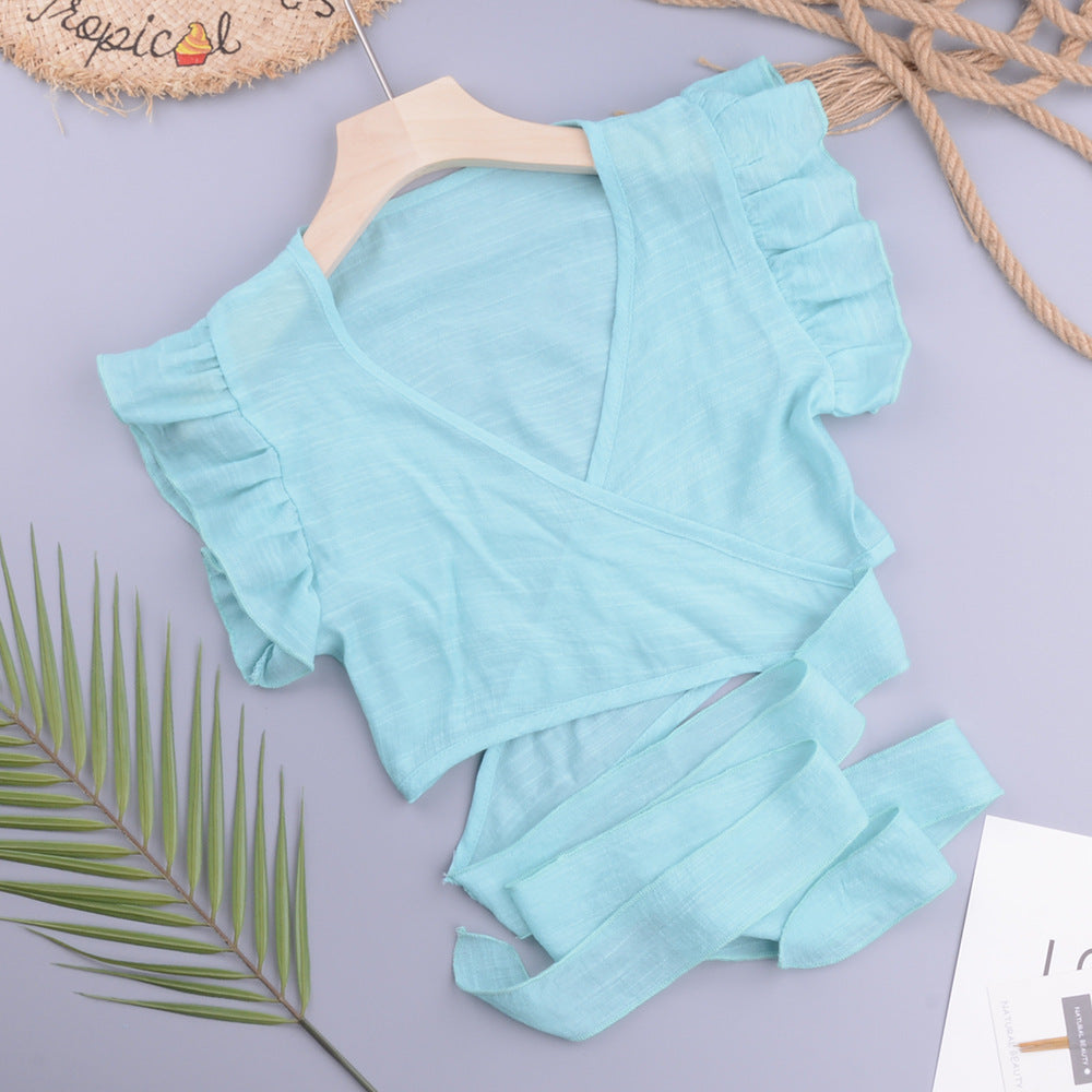 Sexy Vacation Beach Cross Cardigan Modern Avant Garde Solid Color Slubbed Fabric Women Tops