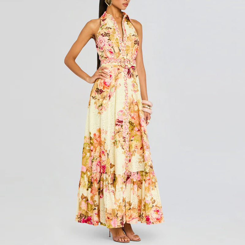 Retro Elegance Floral Printed Dress Summer Waist Slimming Sleeveless Lace up Dress