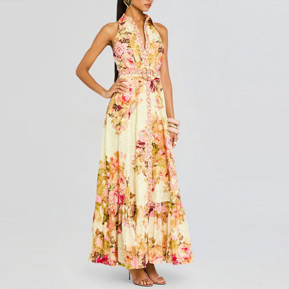 Retro Elegance Floral Printed Dress Summer Waist Slimming Sleeveless Lace up Dress