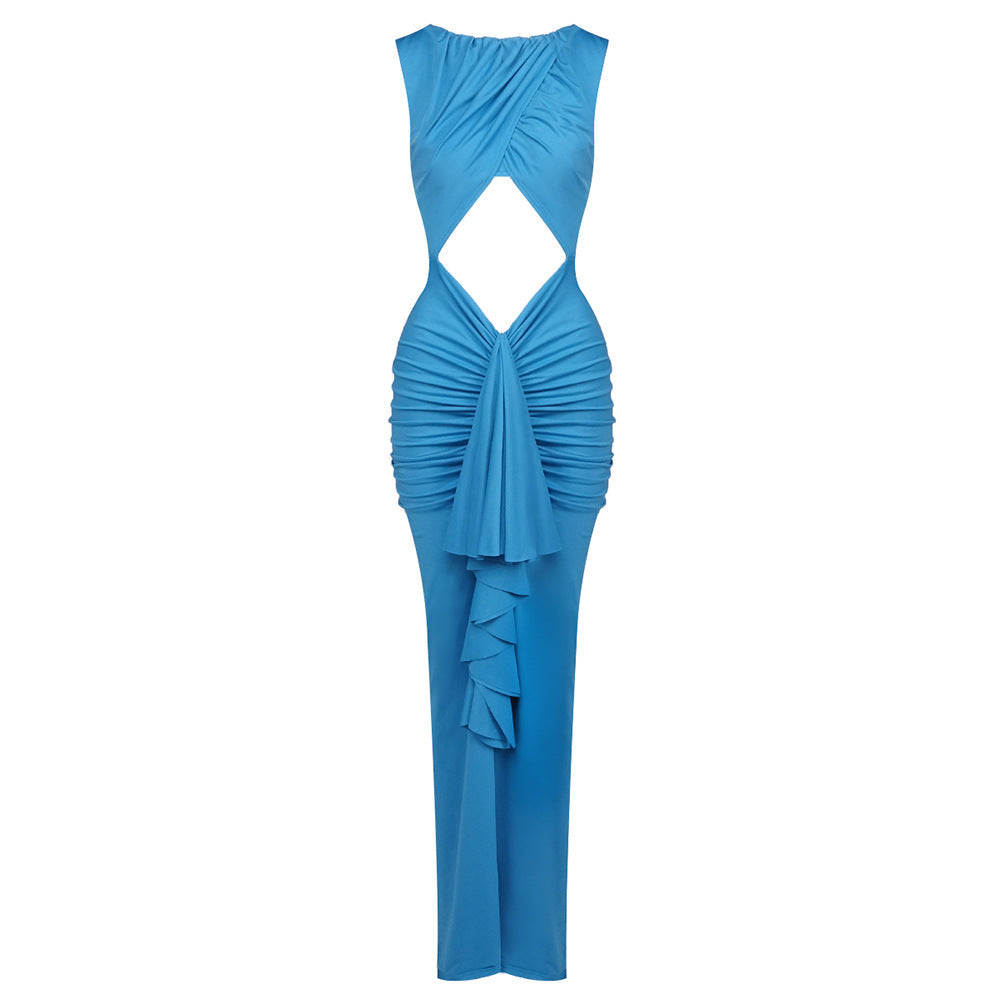 Elegant Stitching Sexy Dress Blue Hollow Out Cutout High Waist Slim Fit Dress Women