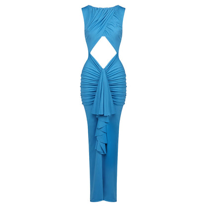 Elegant Stitching Sexy Dress Blue Hollow Out Cutout High Waist Slim Fit Dress Women
