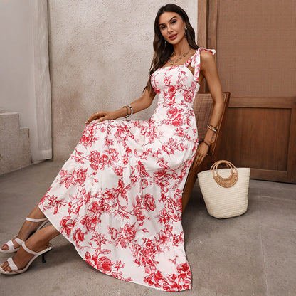 French Vacation Strap Retro Printed Large Swing Dress
