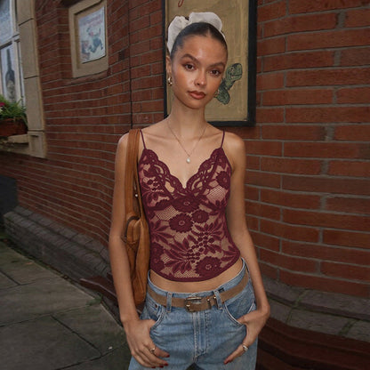Women Clothing Sexy See through Lace Lace Spaghetti Strap Bandeau Slim Fit Deep V Plunge Vest