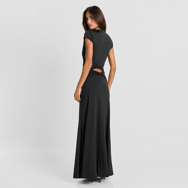 Women Clothing Autumn Solid Color Casual Short Sleeve Hollow Out Cutout Out Deep V Bare Cropped Slim Fit Maxi Dress