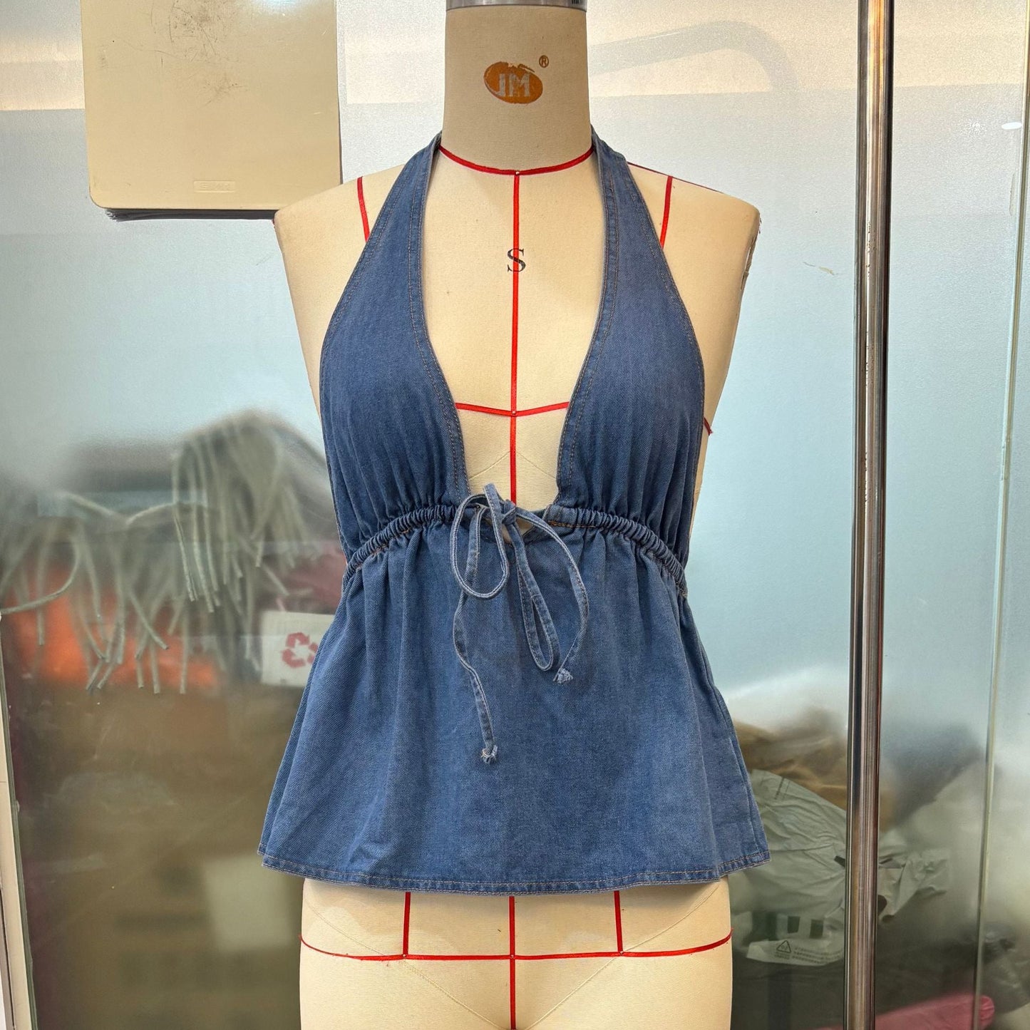 Women Clothing Sexy Dark Halter Lace up Deep V Plunge Denim Top Vest