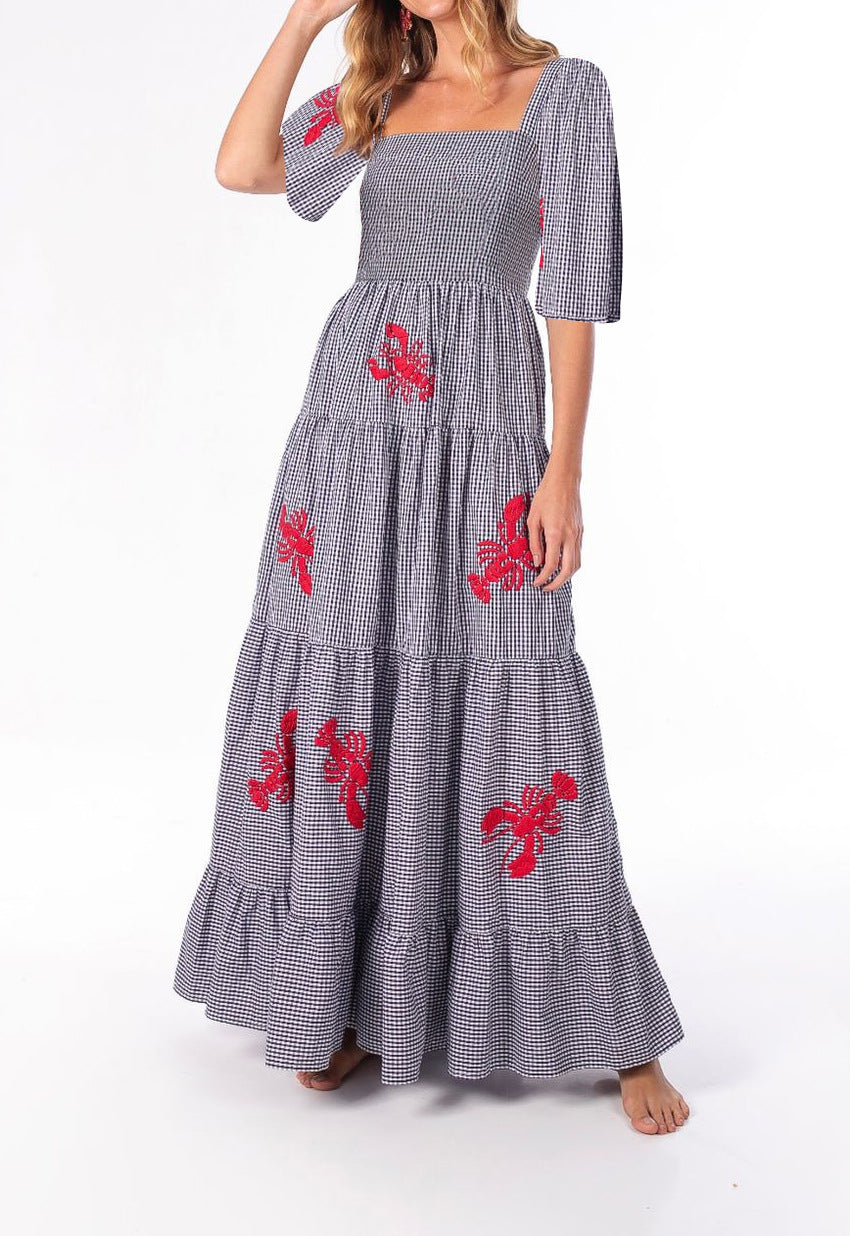 Autumn Puff Sleeve Embroidered Square Collar Swing Maxi Dress Beach Holiday Dress Women