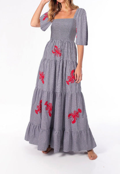 Autumn Puff Sleeve Embroidered Square Collar Swing Maxi Dress Beach Holiday Dress Women