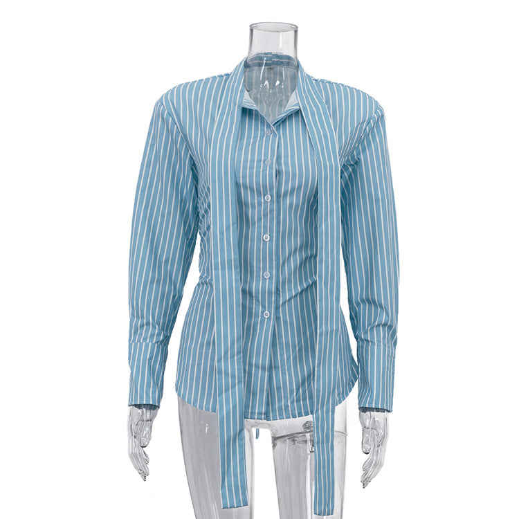 Women Clothing Striped Collared Shirt Women Waist Controlled Long Sleeves Lace up Cardigan Shirt Top