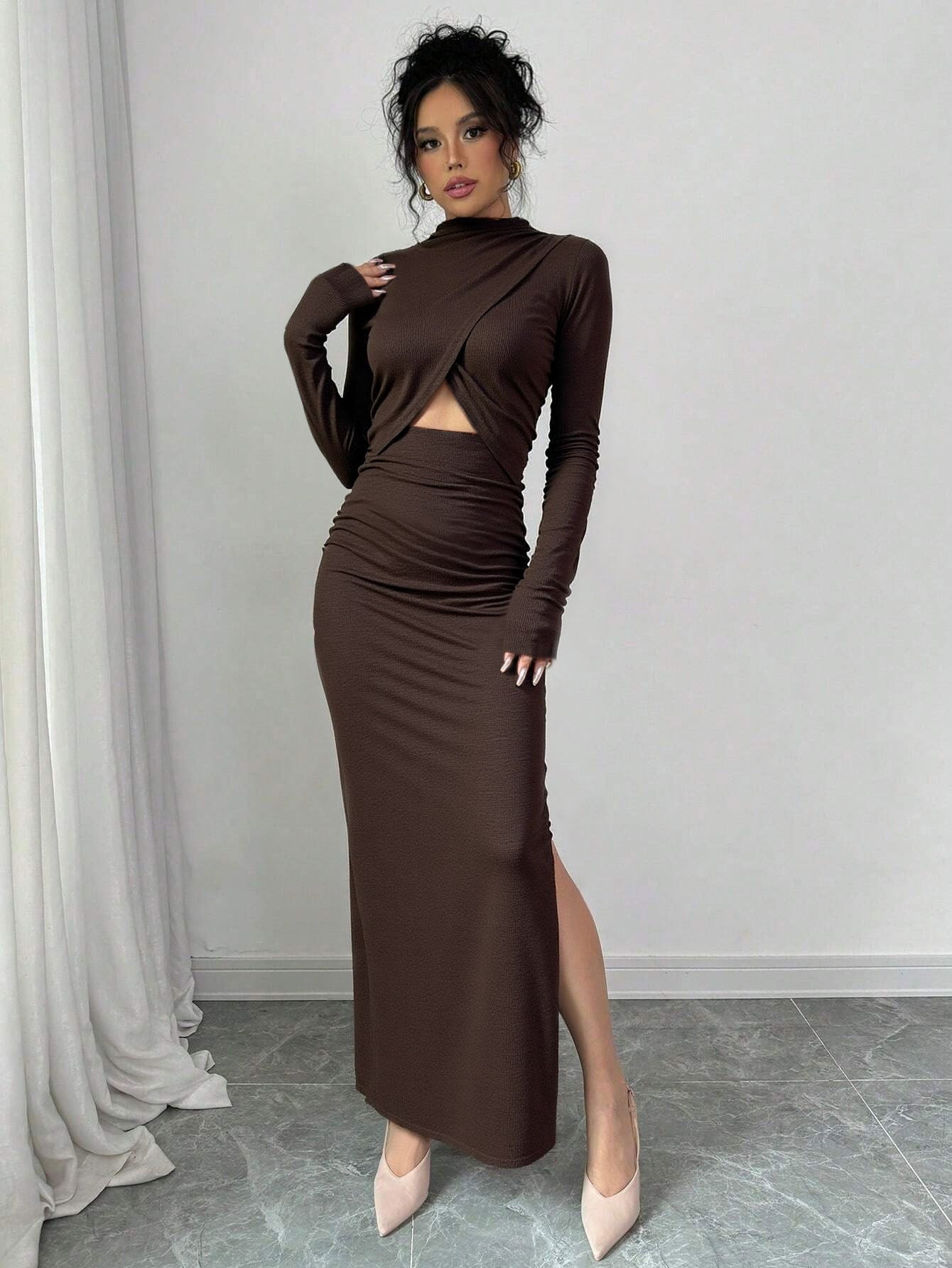 Autumn Winter Sexy Slit Slim Fitting Cropped Outfit Long Sleeve Mid Length Long Sleeve Dress