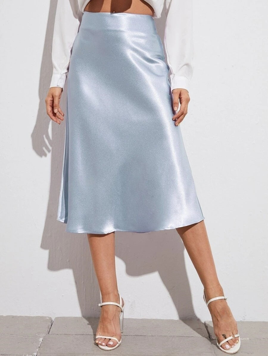High Waist Satin Skirt Autumn Winter Women Midi Skirt Zipper Satin Skirt