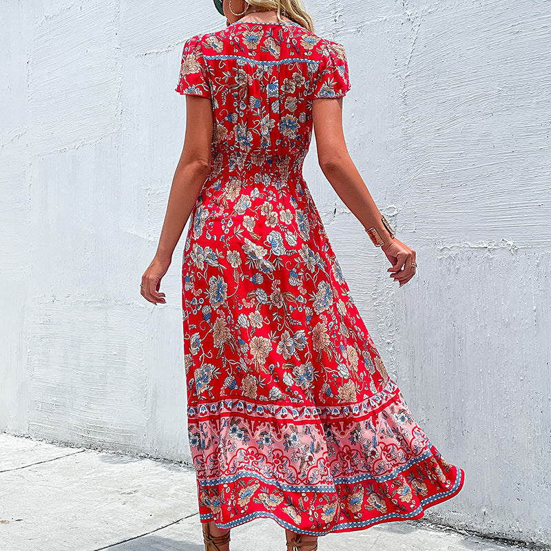 Women Summer Ethnic Holiday Dress V neck Tight Waist Petal Sleeve Mid Length Split Dress