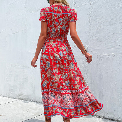 Women Summer Ethnic Holiday Dress V neck Tight Waist Petal Sleeve Mid Length Split Dress