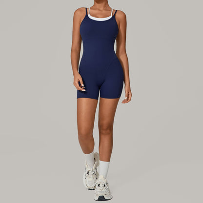 Autumn Sand Faux Two Piece Contrast Color Sling Sports Jumpsuit One Piece Yoga Clothes Backless Outdoor Fitness One Piece
