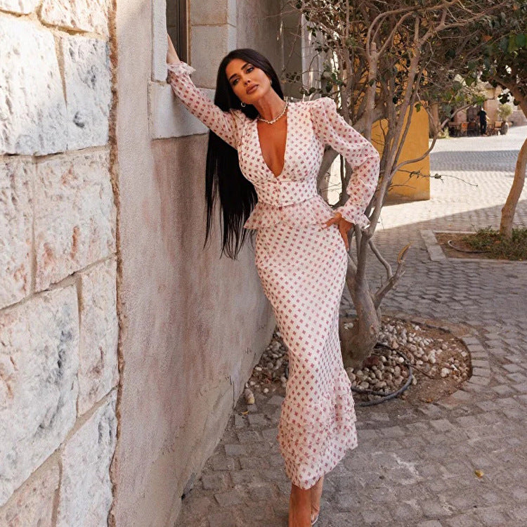 Women Clothing V neck Long Sleeve Waist-Controlled Top Printed Two Piece Skirt Set