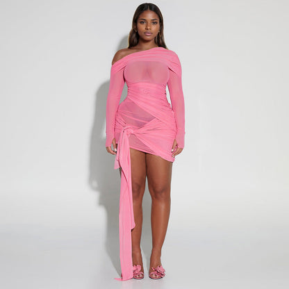 Spring Summer Women Wear Off Neck Design Sexy Pleated Dress Dopamine Sexy
