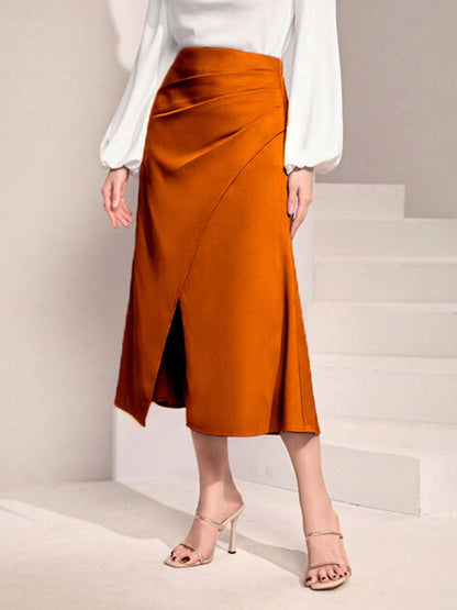 Women Clothing High Waist Satin Pleated Split Dress Solid Skirt Zipper Fishtail Hip Skirt