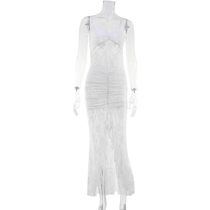 Women Solid Color Lace Sexy Backless Spaghetti Straps Dress Slit Trailing Maxi Dress Gown