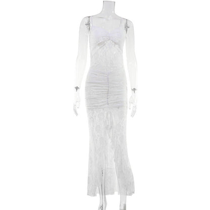 Women Solid Color Lace Sexy Backless Spaghetti Straps Dress Slit Trailing Maxi Dress Gown