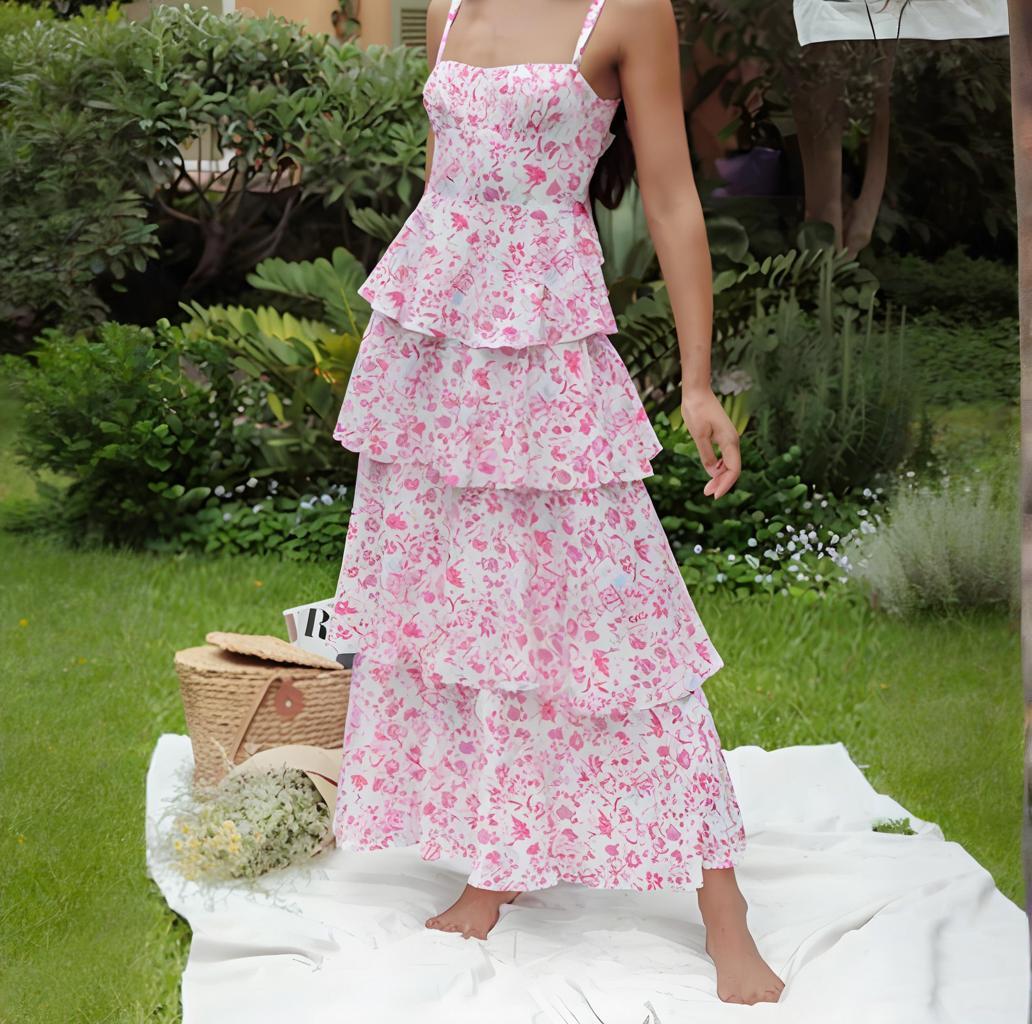 Spring Summer Women Sexy Strap Mid Length Floral Dress