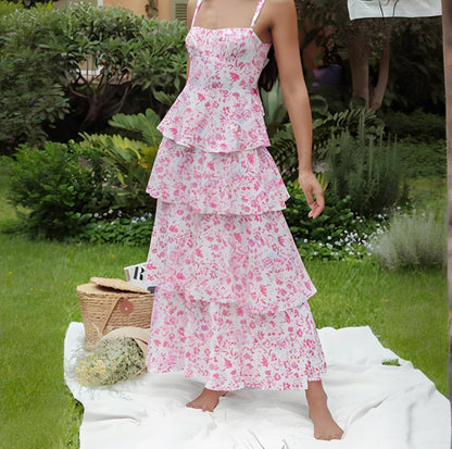 Spring Summer Women Sexy Strap Mid Length Floral Dress