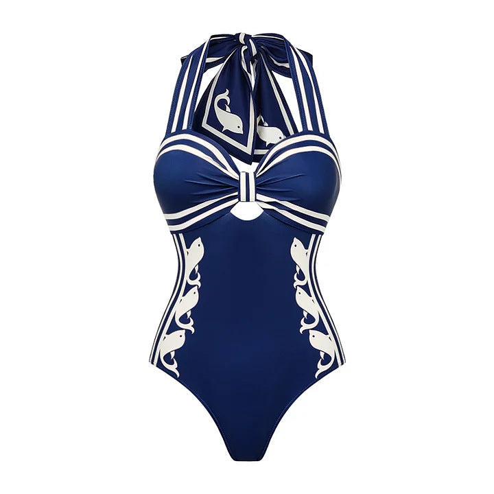 Swimsuit Navy Halter One Piece Swimsuit Set Women