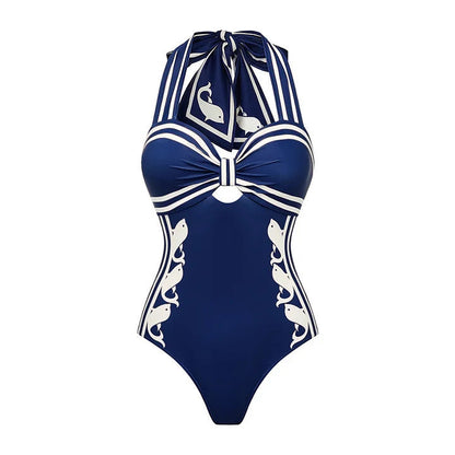 Swimsuit Navy Halter One Piece Swimsuit Set Women