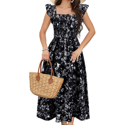Summer Flying Sleeves Printed Dress Casual Waist Tight Square Collar A Swing Dress