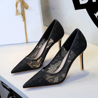 Sexy Lace High Heeled Shoes Shallow Mouth Pointed Toe Skinny Night Club Mesh Stiletto High Heel Shoes