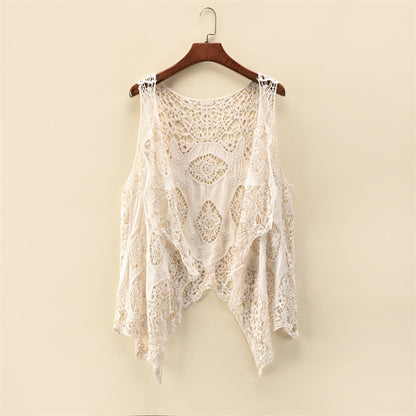 Women Summer Coat Thin Coat Sleeveless Lace Cardigan All Match Shawl Beachwear Sun Protection Clothing Women Hollow Out Cutout Shirt