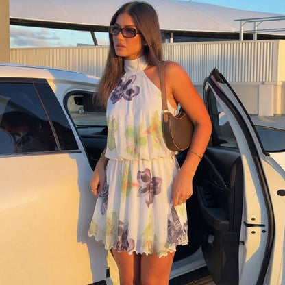 Women Clothing Summer Printed I Halter Fitted Waist Backless Lace up Dress