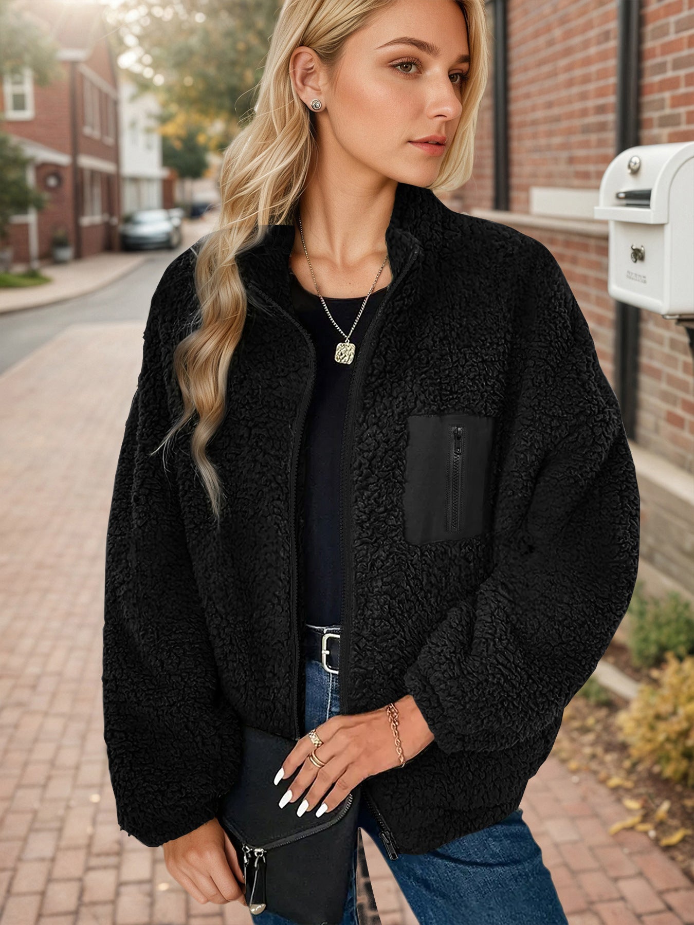 Loose Berber Fleece Coat Stand Collar Zipper Cargo Pocket Thick Thermal Fleece Top