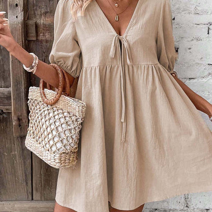 Elegant Loose Woven Deep V Plunge neck Design Chest Lace up A line Dress