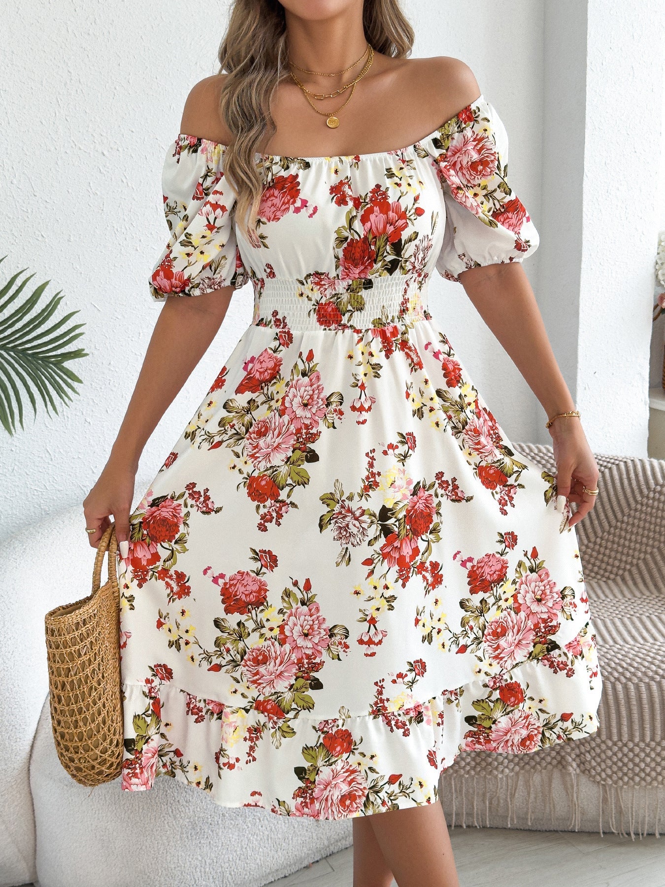 Spring Summer Floral Off Shoulder Short-Sleeved Ruffle A Line Holiday Dress